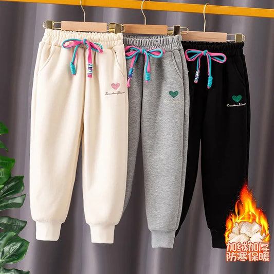 Children Love Sweatpants Winter Girls Casual Thick Pants Baby Tousers Kids Sport Pants Warm Fleece Clothes Vetement Enfant Fille