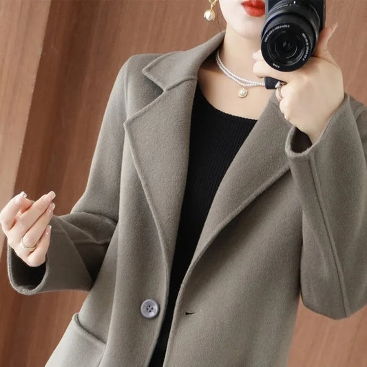 100% Pure Wool Double-Sided Cashmere Jacket Women Overcoat  Autumn Winter New Mid-Length One-Button Slim Wool Windbreakers coat