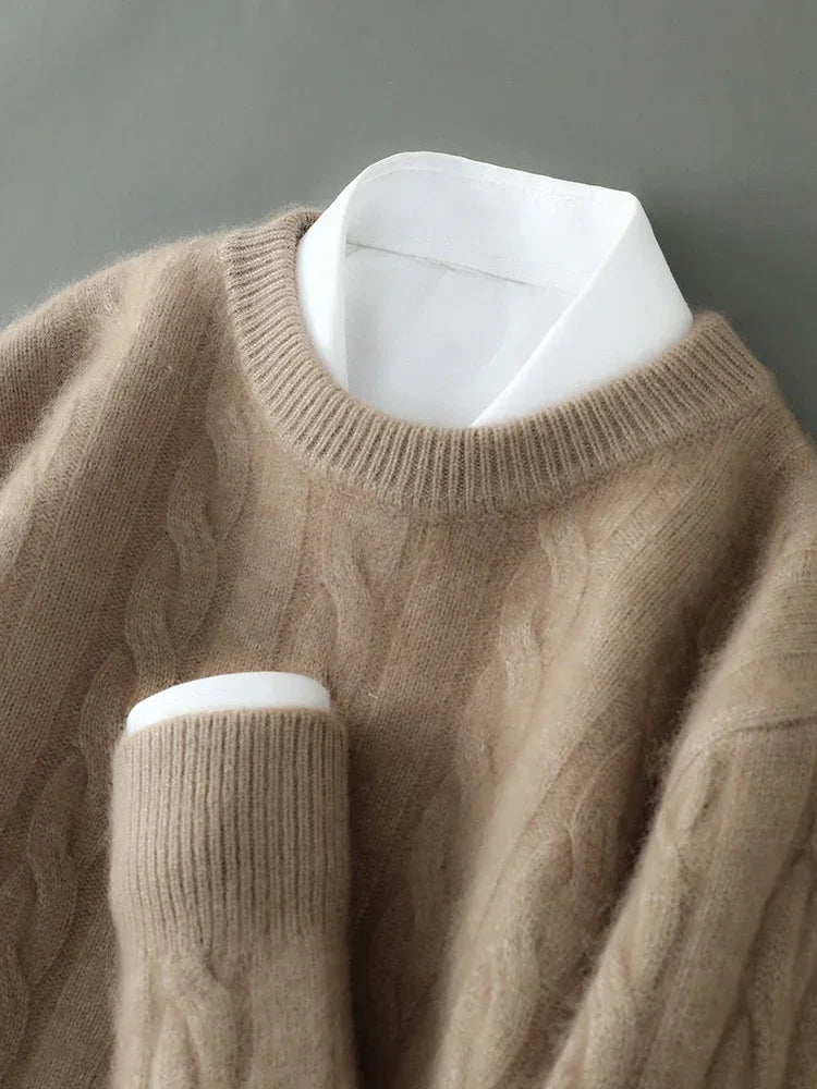 Mink Cashmere Cable Knit Pullover for Men O Neck Casual Autumn Winter Sweater Top