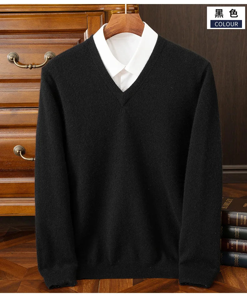 100% Cashmere Men's Pullover Casual Solid Color Knitted Sweater Loose Pull V-Neck Tops Basic Versatile Jumper