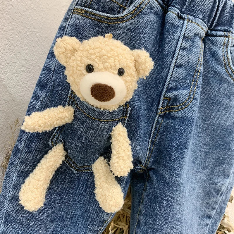 Ropa para niños, pantalones vaqueros para bebés, niños y niñas, bonitos pantalones vaqueros de dibujos animados en 3D con muñeco de oso, pantalones vaqueros Kawaii para niños pequeños, pantalones vaqueros para niños