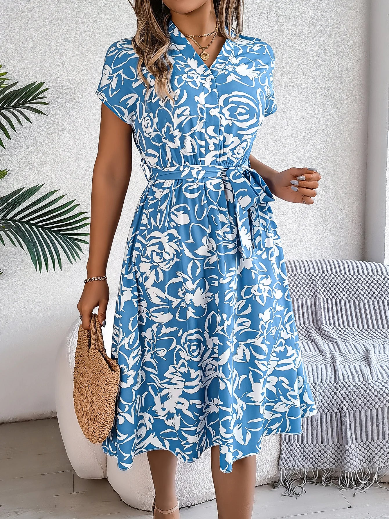Spring Summer Casual Woman Dresses 2026 Fashion Buttons V Neck Flower Print Short Sleeve A Line Dress with Belt