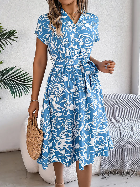 Spring Summer Casual Woman Dresses 2026 Fashion Buttons V Neck Flower Print Short Sleeve A Line Dress with Belt
