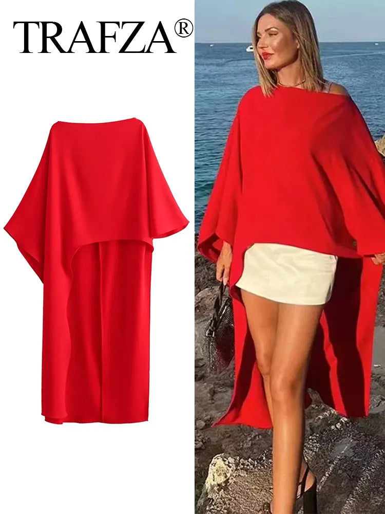 TRAFZA Summer Women Asymmetrical Dress Solid Casual Loose Cape Style Long Dresses 2024 Woman Elegant Evening Dress vestido