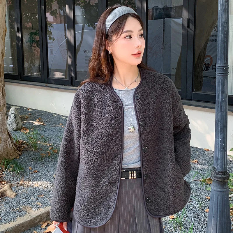 Round Neck Imitation Cashmere Jacket for Women Autumn Winter New Polar Fleece Casual Cardigan Long-sleeved Loose Top
