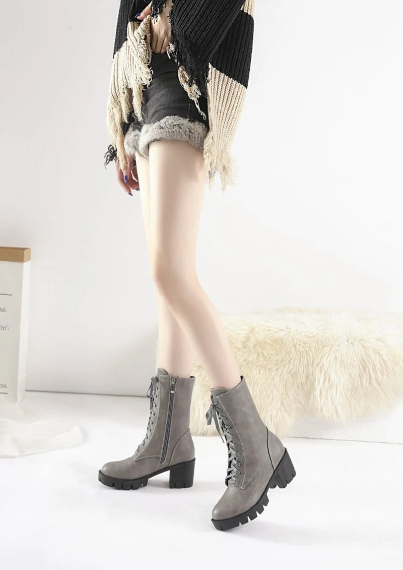 SIMLOVEYO Rubber Lace Up Black Autumn Chunky Boots big size 46 Ankle Boots Women Platform Shoes Ladies shoes women shoes Hot