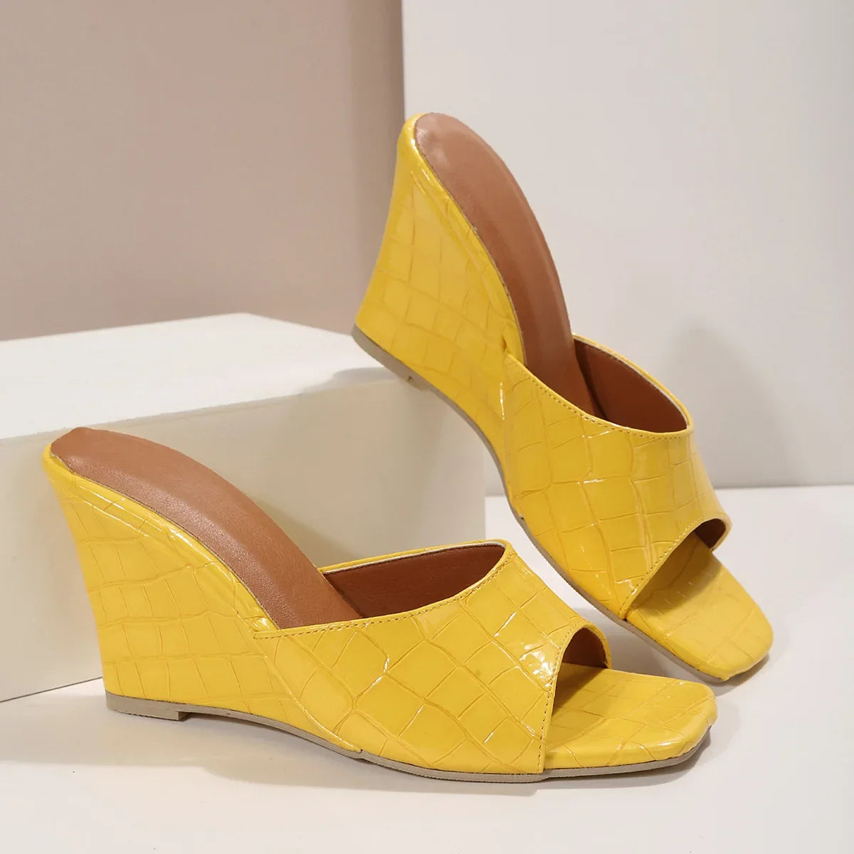Snake Print Leather Wedges Shoes For Women Mules Slippers Summer Square Toe High Heels Gladiator Sandals Slides 2023