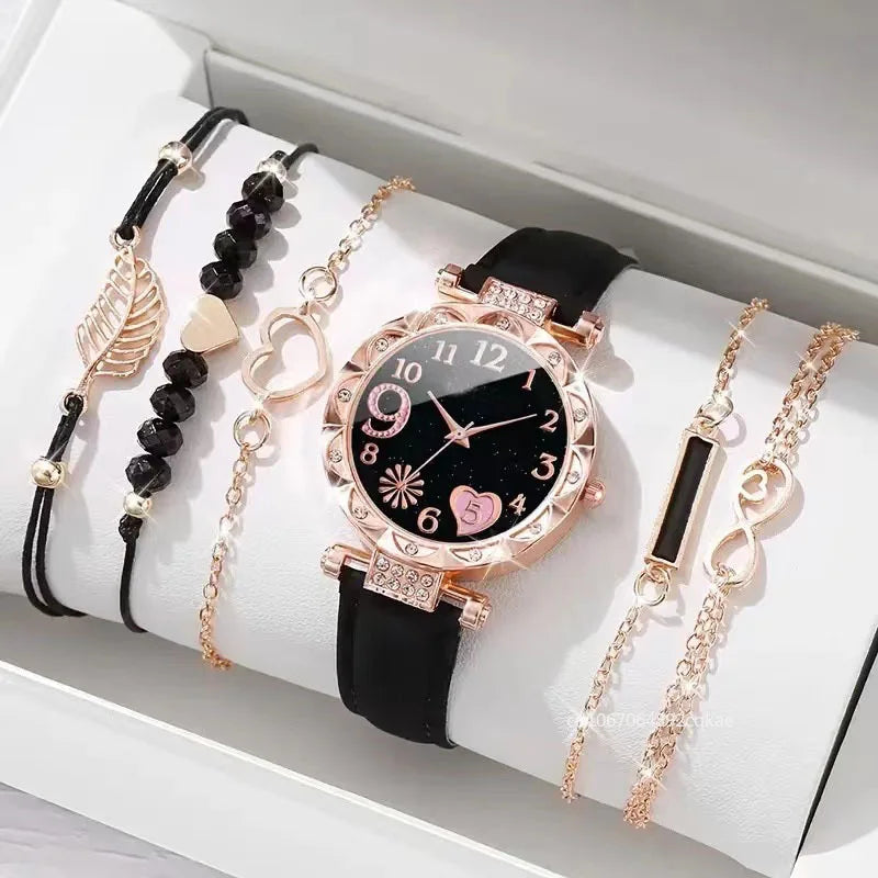 6PCS Set Watch for Women Luxury Leather Analog Ladies Quartz Wrist Watch Fashion Bracelet Watch Set Female Relogio Feminino Gift