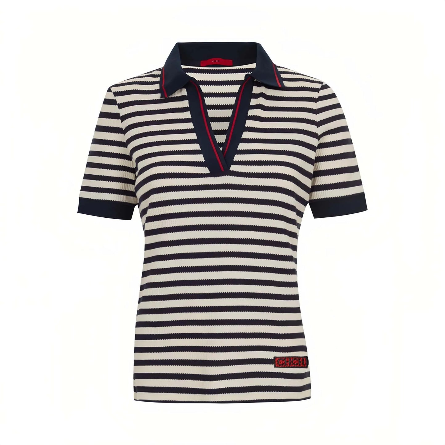 CHCH Fashion Stripe Knitted Polo Neck T Shirt For Women Soft Chic Short Sleeve Casual Pullovers 2025 Summer New Lady Street Tops