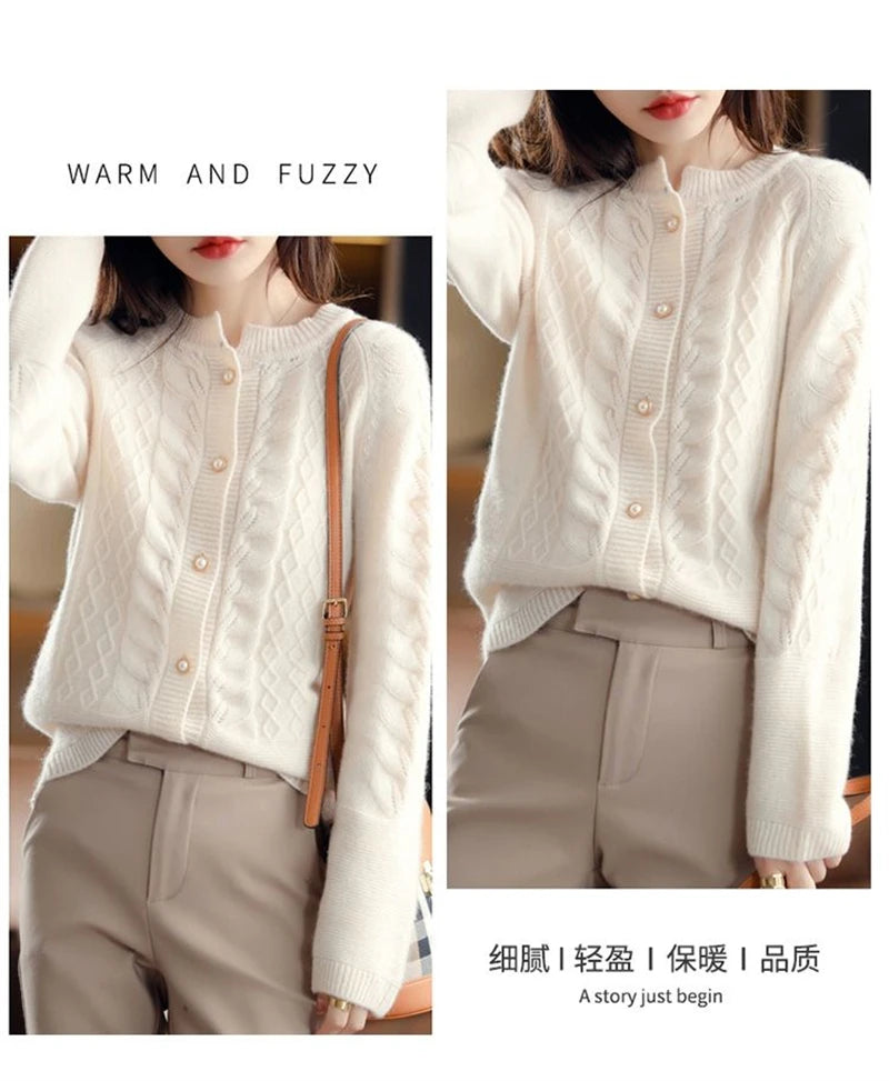 Cashmere Sweater Cardigan Women Single Breasted Long Sleeve Elegant Vintage Jumper Solid Wool Knitted Autumn Winter Outwear