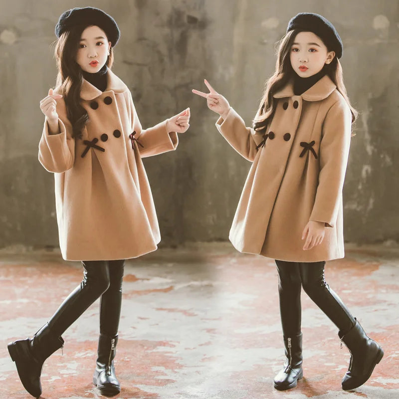 New Warm Outerwear Fashion Winter Girls Woolen Coats Kids Windproof Clothing Woolen Solid Colour Jackets Teens Long Coats