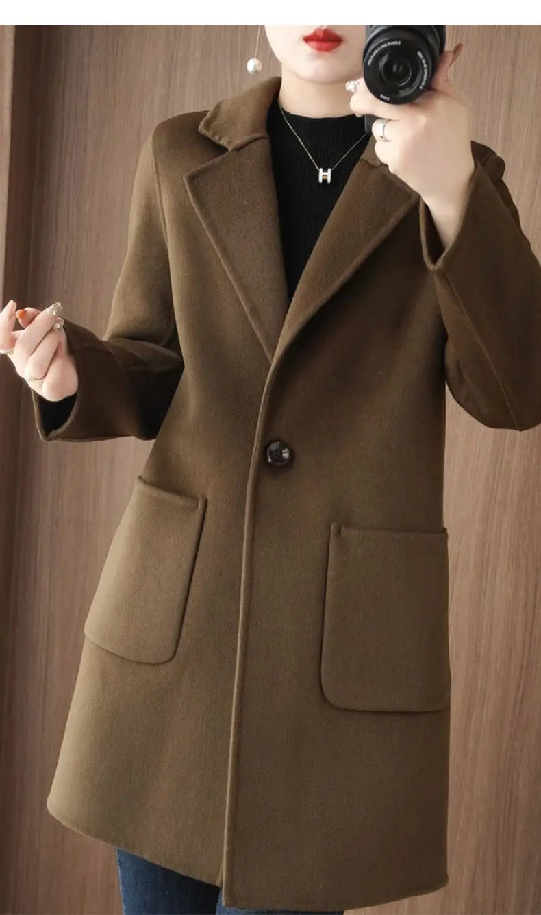 100% Pure Wool Double-Sided Cashmere Jacket Women Overcoat  Autumn Winter New Mid-Length One-Button Slim Wool Windbreakers coat