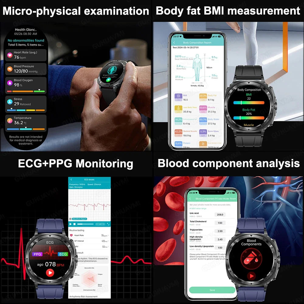 New Clinical level Smart Watch Men NFC ECG+PPG Organ monitor Blood Lipids Uric Acid Bluetooth Call Health Laser Therapy watches