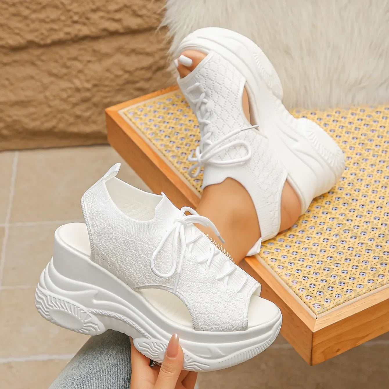 Women Sandals Non-slip Thick-soled Lace-up Casual Shoes for Women Summer Fashion Comfortable Sandals Round-toe Wedge Roman Shoes
