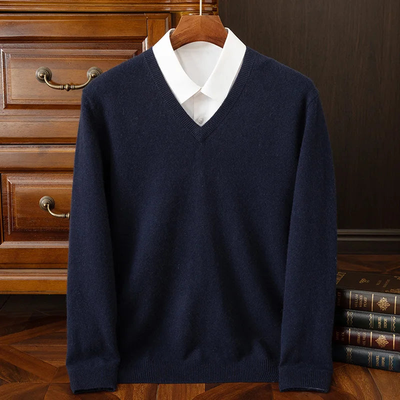 100% Cashmere Men's Pullover Casual Solid Color Knitted Sweater Loose Pull V-Neck Tops Basic Versatile Jumper