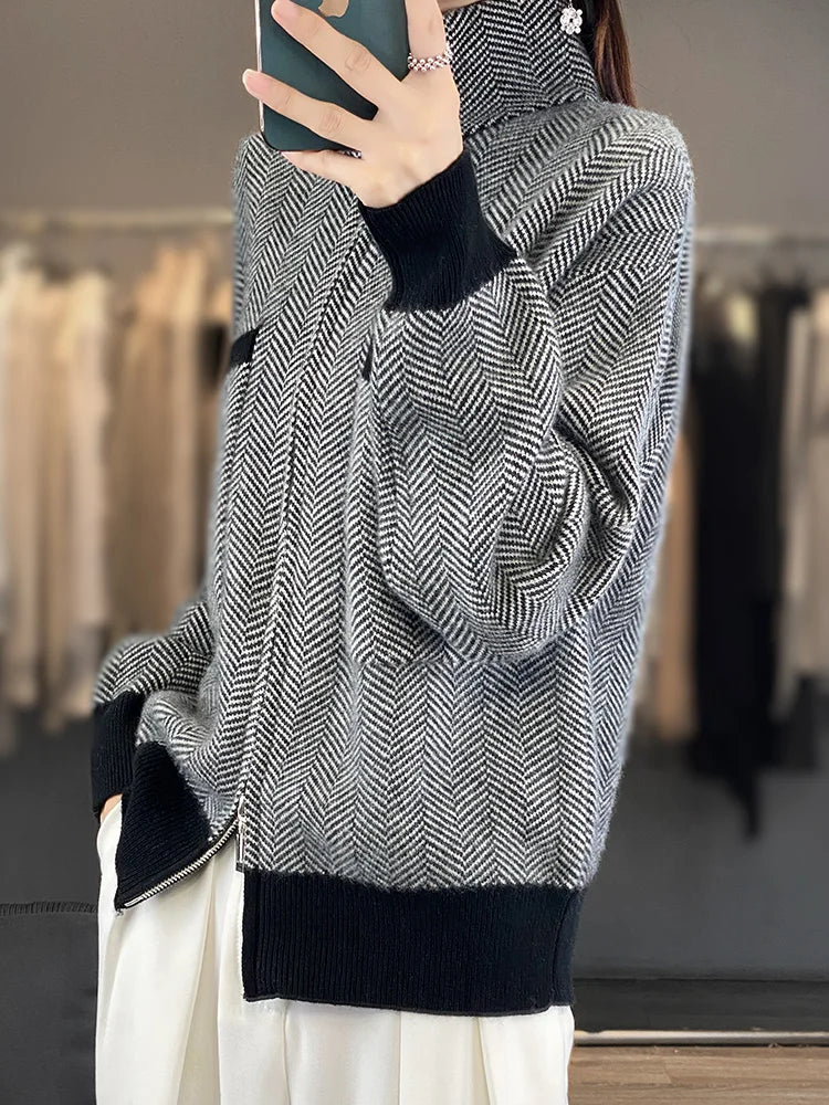100% Merino Wool Women Sweater Casual Turtleneck Fancy Yard Cardigan Female Knitwear Long Sleeve Cashmere Overcoat Clothing Tops