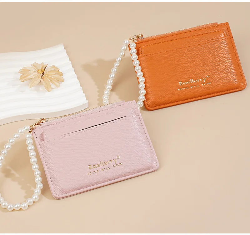 Fashionable Womens Card Case Ins Trend High Class Pearl PU Small Purse