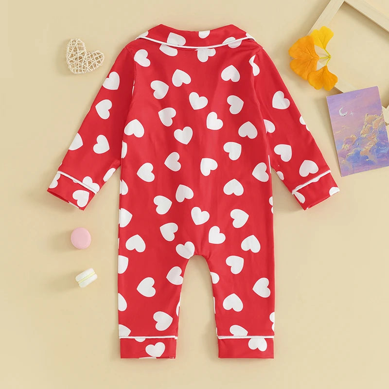 Baby Boys Girls Pajamas Jumpsuits Long Sleeve Lapel Collar Heart Print Button Up Rompers Newborn Clothes