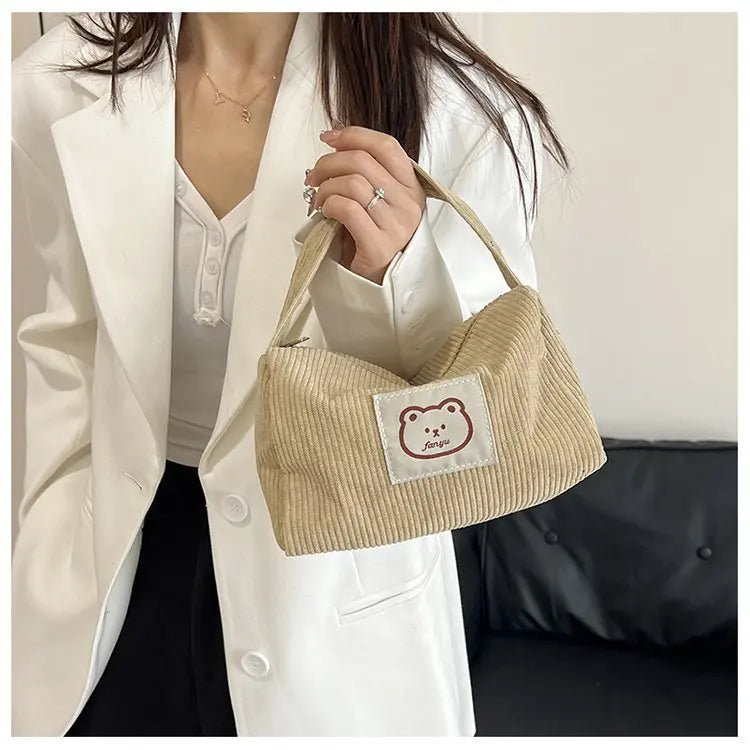 Bear Large Makeup Bag for Women Corduroy Cosmetic bag Make up Bags Zipper Pouch with handle Cosmetic Organizer Toiletry Bag