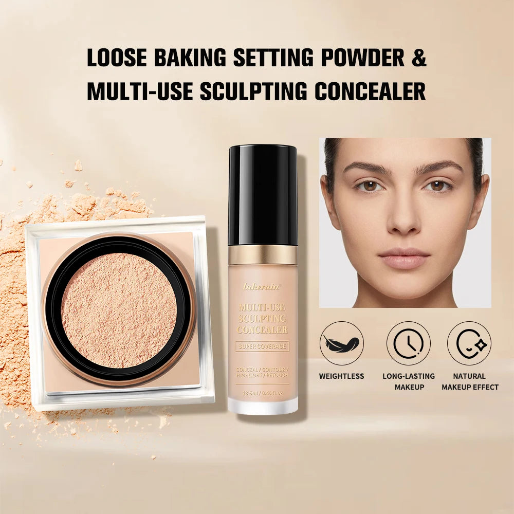 2pcs Face Makeup Set With Concealer And Loose Setting Powder Natural Face Smooth Matte Finish Women Cosmetics Korean Makeup
