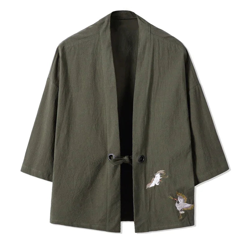 Men Kimono Crane Embroidery Harajuku Japanese Style Cardigan Casual Cotton Men Samurai Costume Yukata Asian Clothes Men Jackets