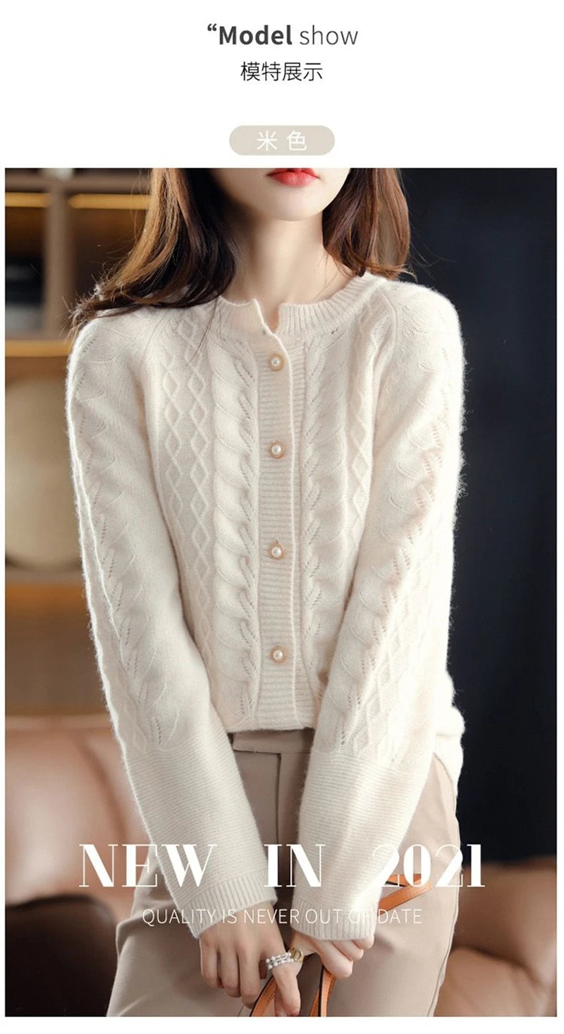Cashmere Sweater Cardigan Women Single Breasted Long Sleeve Elegant Vintage Jumper Solid Wool Knitted Autumn Winter Outwear