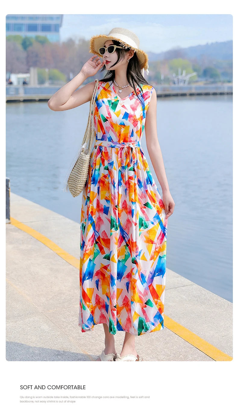 Spring Summer Dresses Fashion Female Sleeveless printed Casual Dress Women A-line Dresses Vestidos