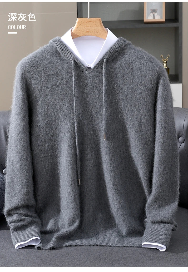 Men's Clothing: 100% Pure Mink Cashmere Knitted Sweater Casual And Loose Large-Sized Hooded Pullover Autumn Winter New Products