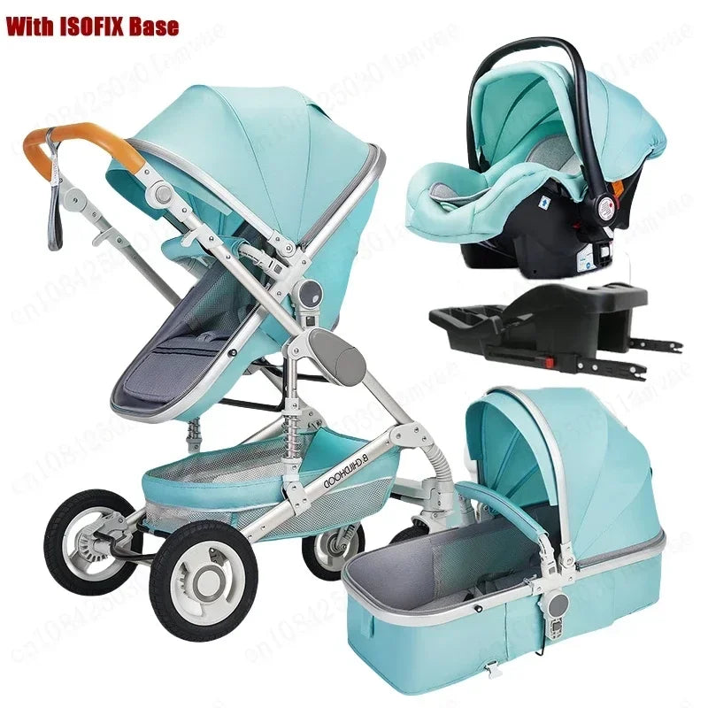 Baby stroller 3in1 with car seat with ISOFIX base, luxury high landscape baby carriage aluminum alloy frame travel stroller