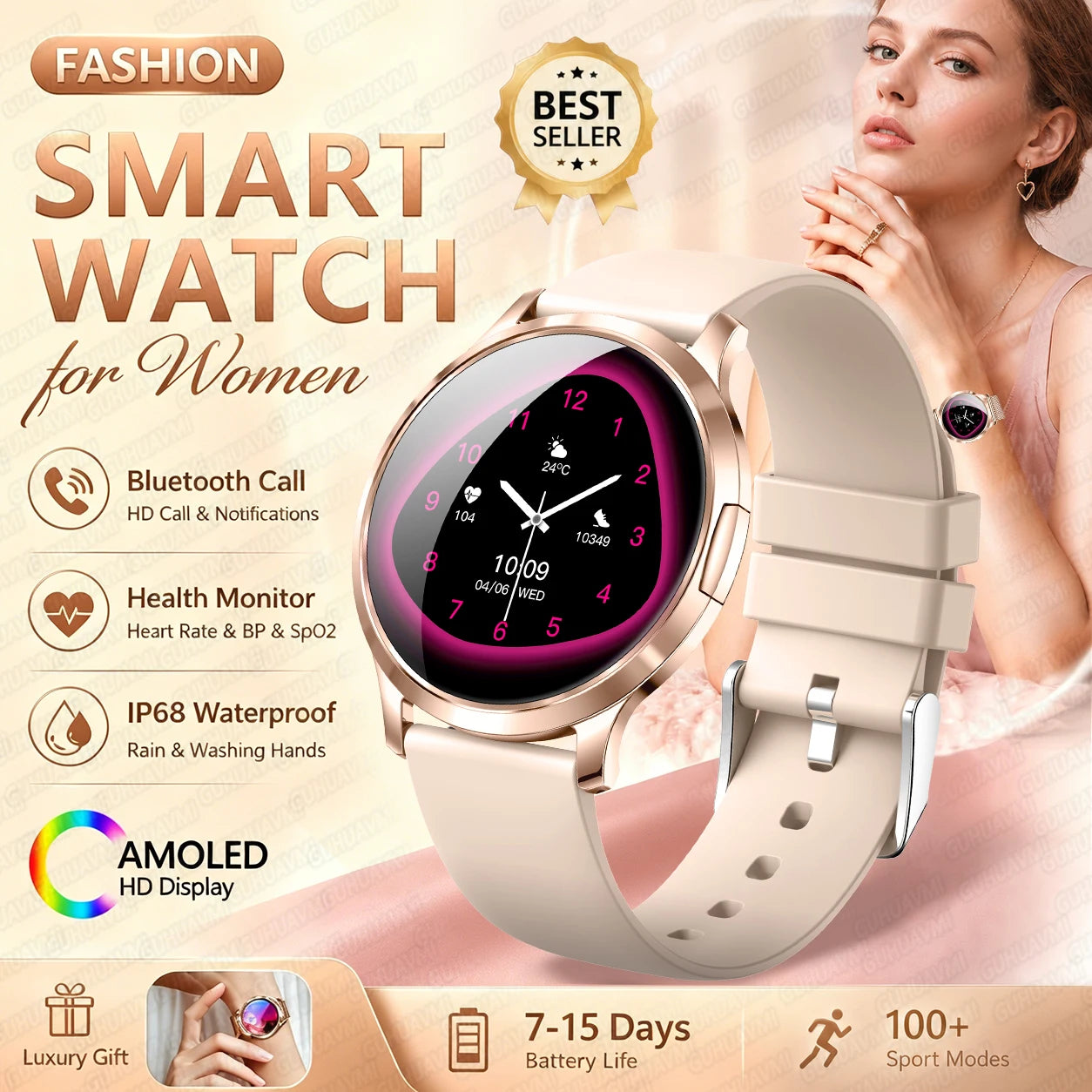 2026New Smart Watch 1.32”AMOLED Ultra-thin Display 100+Sports modes Blood Pressure Waterproof Bluetooth call Bracelet Women Gift