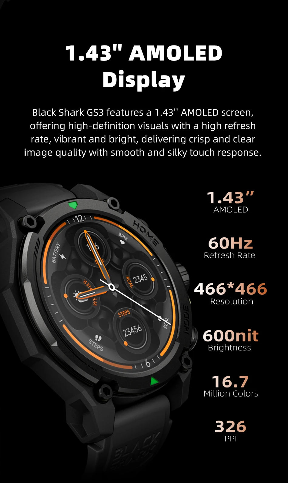 [World Premiere]Blackshark GS3 Smart Watch Global Version 1.43"AMOLED Display 5ATM 21 Day Battery Life GPS Satellite Positioning