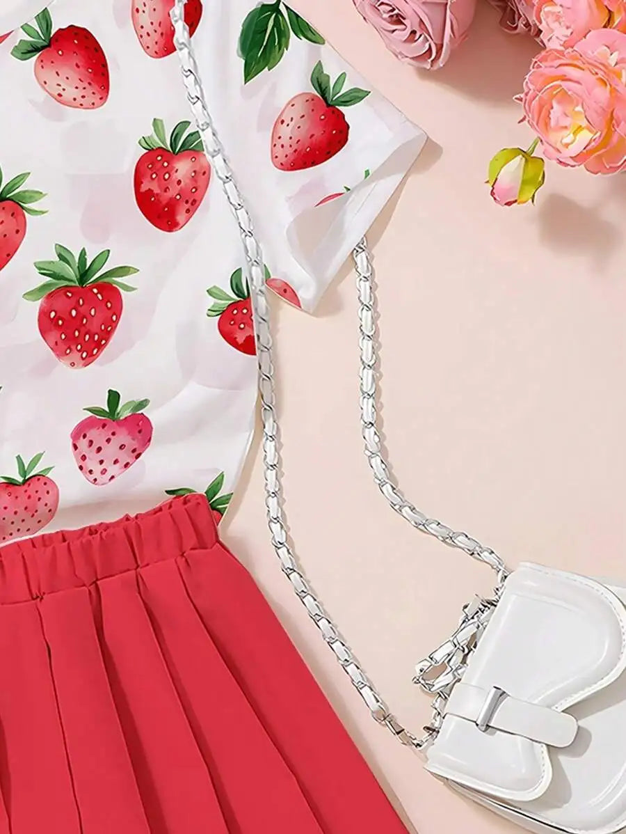 Girls Summer 7-14Y Round Neck Strawberry Print Short Sleeve Solid Red Pleated Skirt 2-Piece Outfit for Daily Casual Kids Cute