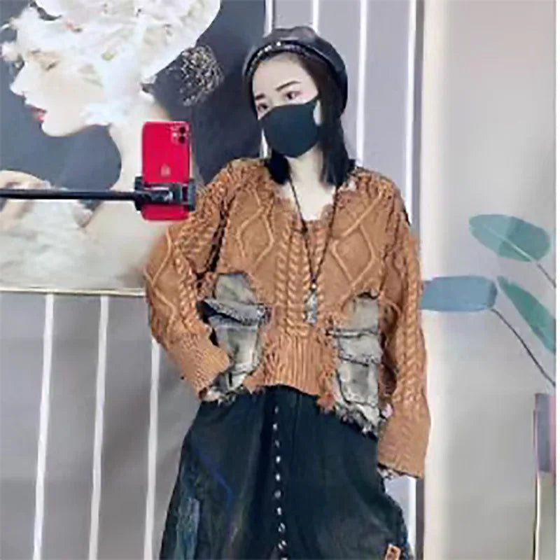 Tannt Women Sweater Patchwork Asymmetry Pullover Knitting Tops Asymmetry Color Matching Loose Long Knitting Sweaters 2025 New
