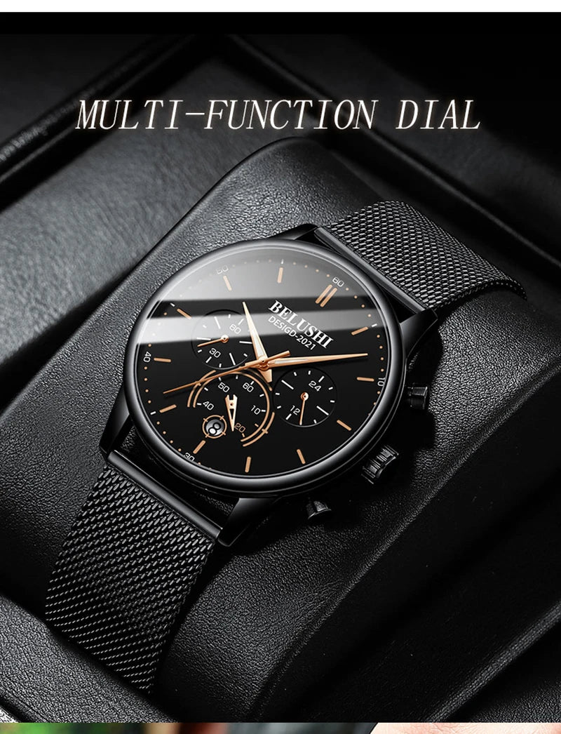 BELUSHI Cool Ultra Thin Mens Watch Luxury Multifunction Stopwatch Calendar Luminous Male Clock Waterproof Mesh Strap Reloj Hombr