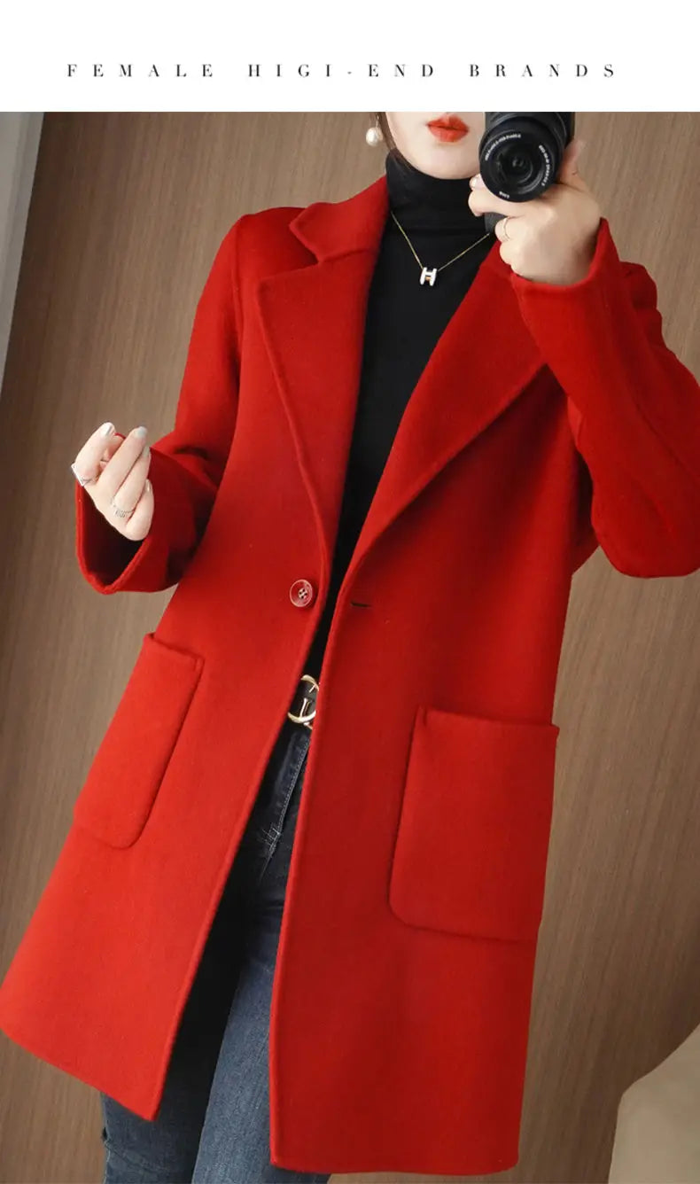 100% Pure Wool Double-Sided Cashmere Jacket Women Overcoat  Autumn Winter New Mid-Length One-Button Slim Wool Windbreakers coat