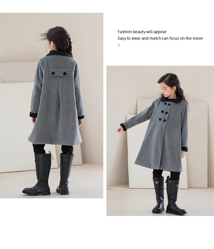 Teens Girls Winter Jacket Preppy Style Navy Mid-length Wool Coat for Kids Thick Warm Casual All-match School Children Outerwear
