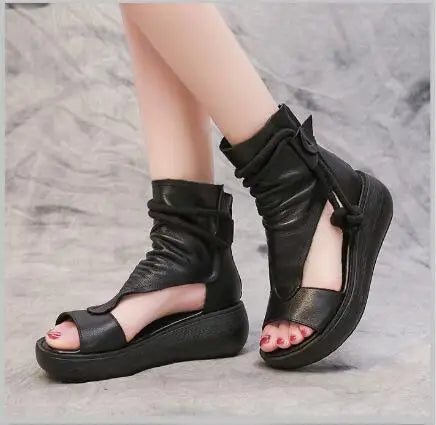 GKTINOO 2026 New Summer Black Women Leather Sandals Cool Boots Platform Shoes Wedges Sandals Women Shoes Fashion Outdoor Sandals