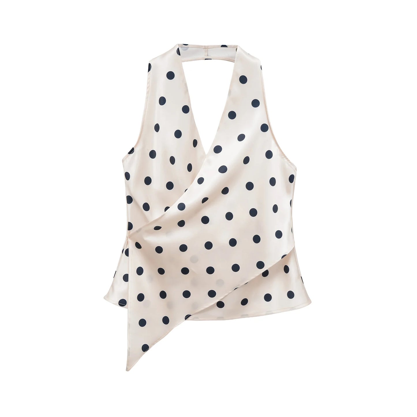 HH Women Fashion Halter Tops Draped Asymmetrical Hem Elegant Satin Sleeveless Summer Vest Female Casual Party Polka Dot Tops