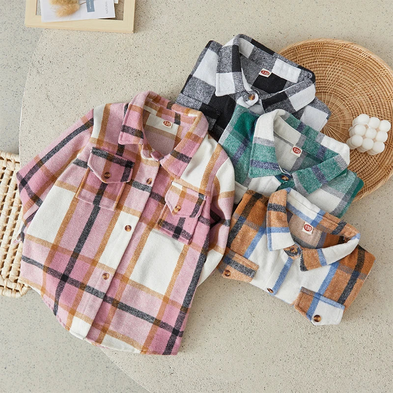 Suefunskry Kids Baby Boy Girl Cotton Plaid Shirt Jacket Casual Lapel Long Sleeve Button Up Cardigan Autumn Winter Warm Outwear