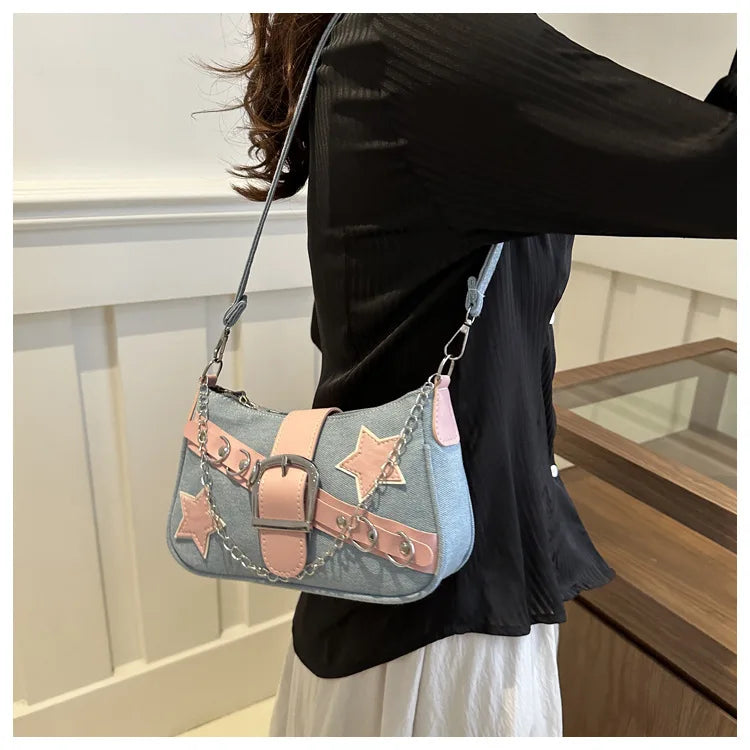 Y2k Hot Girls Denim Shoulder Bags Retro Rivet Star Women's Underarm Bag Portable Female Chain Armpit Bag Small Purse Handbags