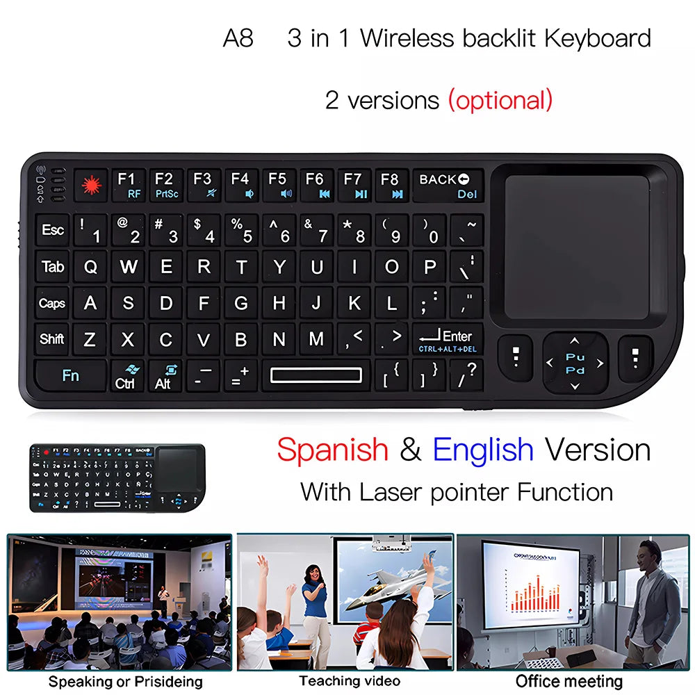 Air Mouse A8 Mini Wireless Keyboard 2.4G Backlit Portuguese Arabic Touchpad with Laser Pointer for iptv PC Smart TV Box