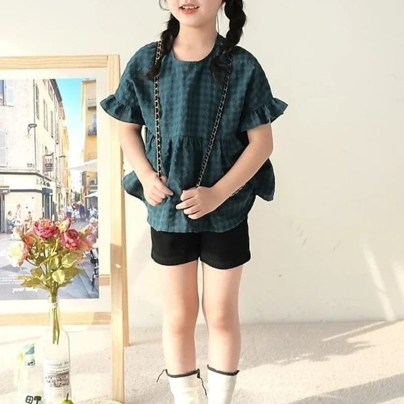 Girls' Doll Shirt 2025 Summer New Style Children's Checkered Short Sleeved Shirt Baby Retro