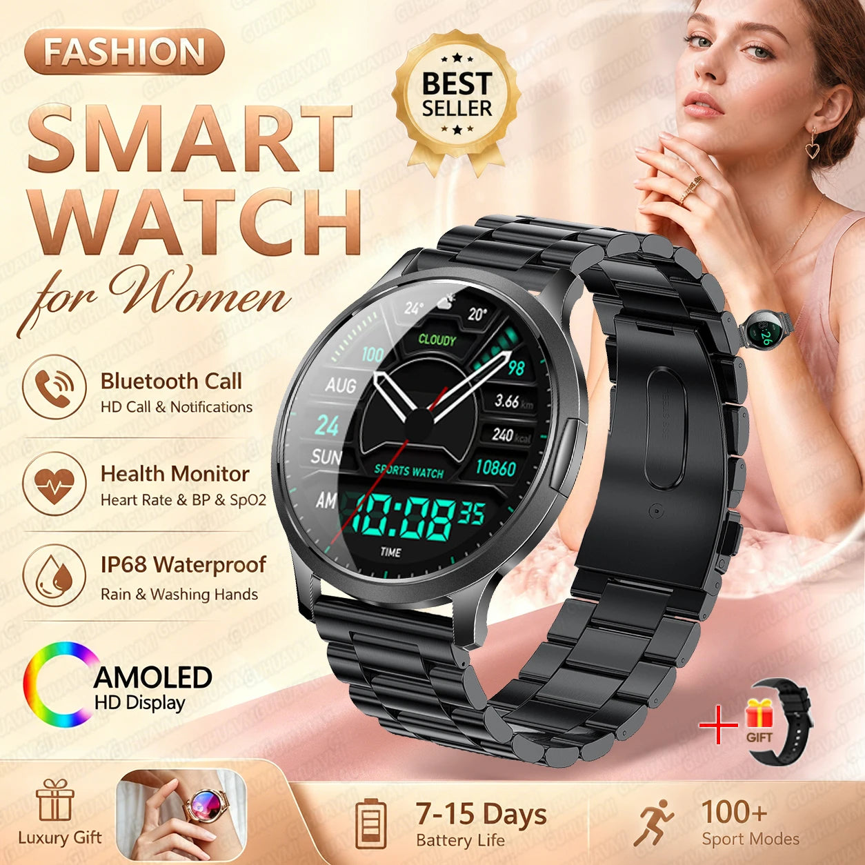 2026New Smart Watch 1.32”AMOLED Ultra-thin Display 100+Sports modes Blood Pressure Waterproof Bluetooth call Bracelet Women Gift