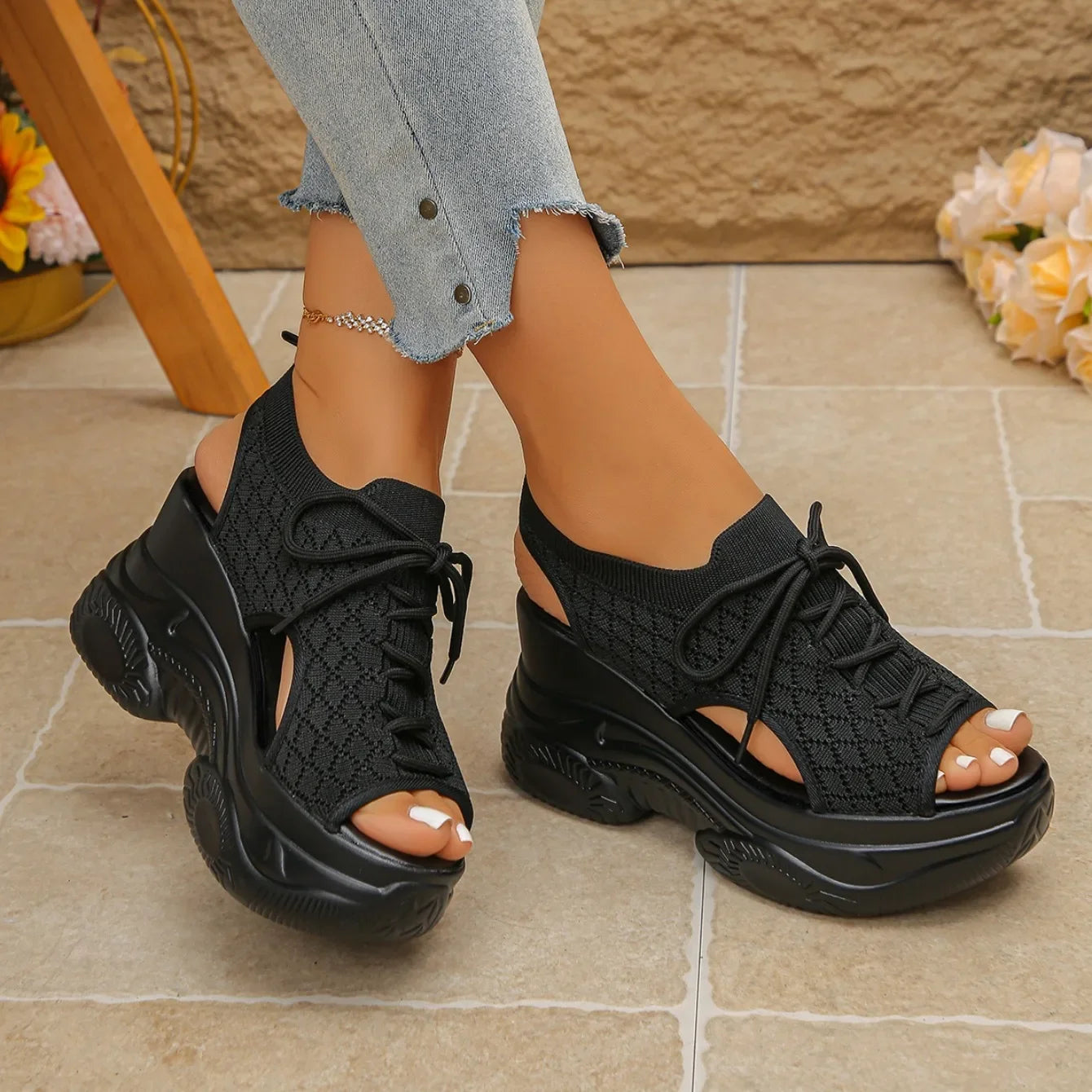 Women Sandals Non-slip Thick-soled Lace-up Casual Shoes for Women Summer Fashion Comfortable Sandals Round-toe Wedge Roman Shoes