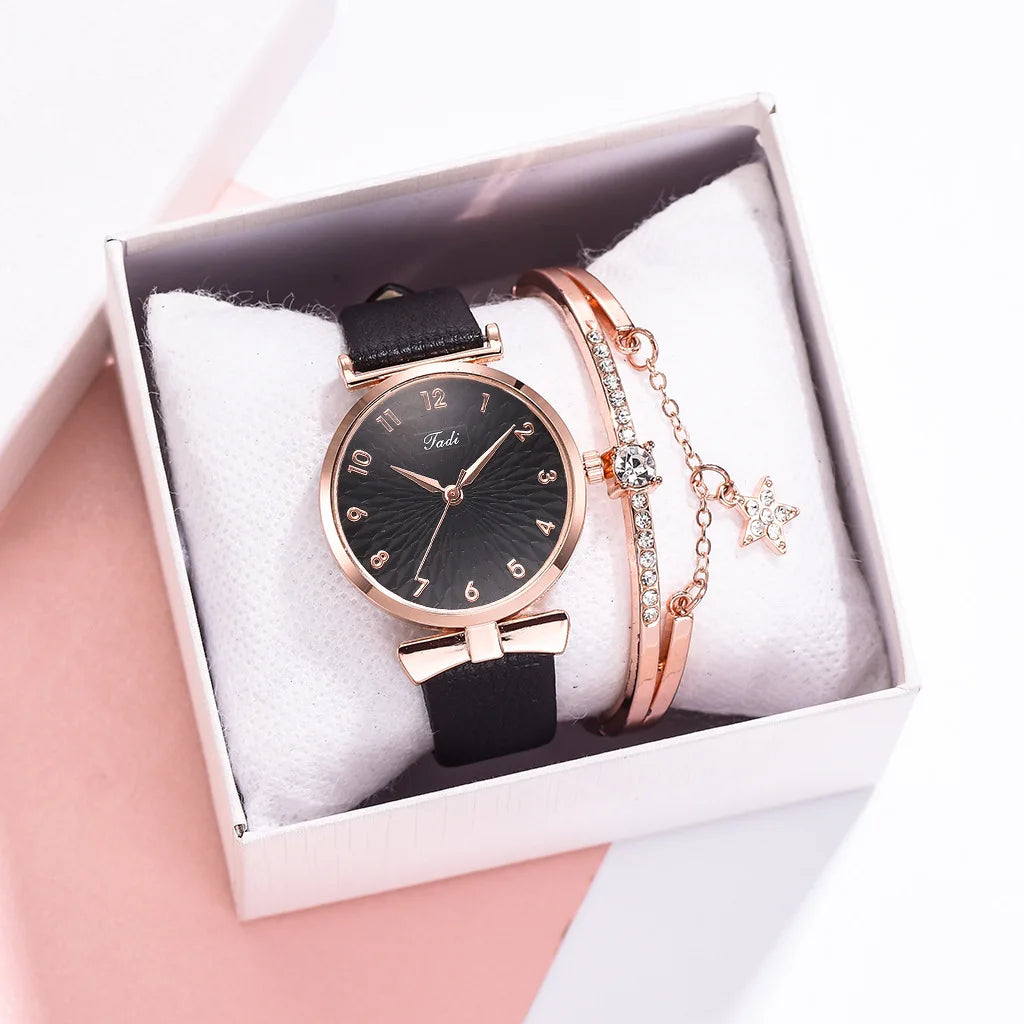 Fashion Women Watches Luxury Leather Buckle Flower Rhinestone Watch Ladies Quartz Wrist Watch Bracelet Set Reloj Mujer