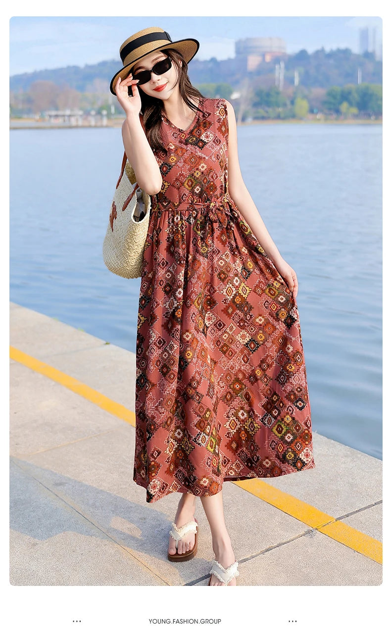 Spring Summer Dresses Fashion Female Sleeveless printed Casual Dress Women A-line Dresses Vestidos