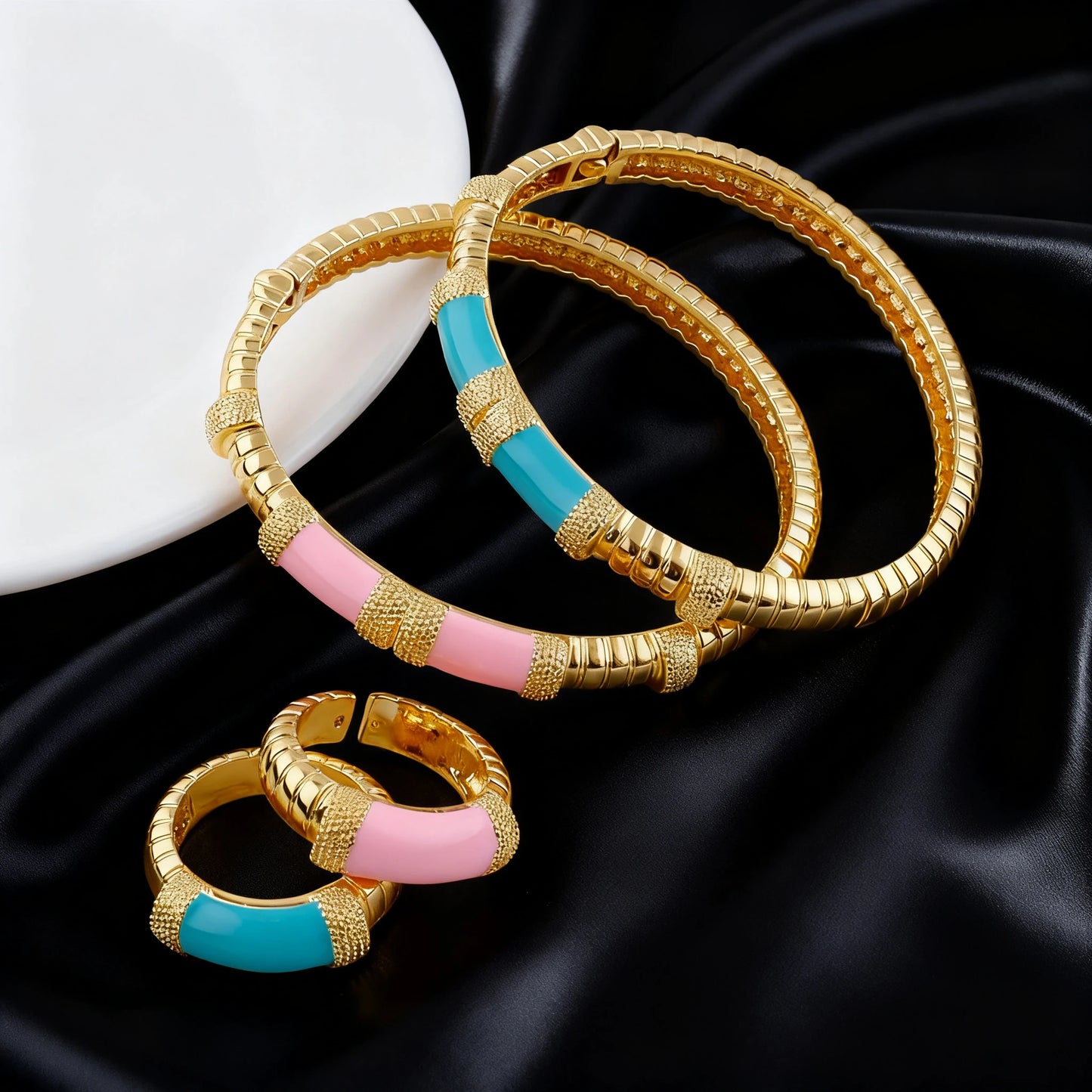 18K Gold Color Plated Dubai Bracelets Luxury Arabian Wedding Jewelry Sets, Hidden Buckle Women’s Bracelets and Rings Jewelry Set