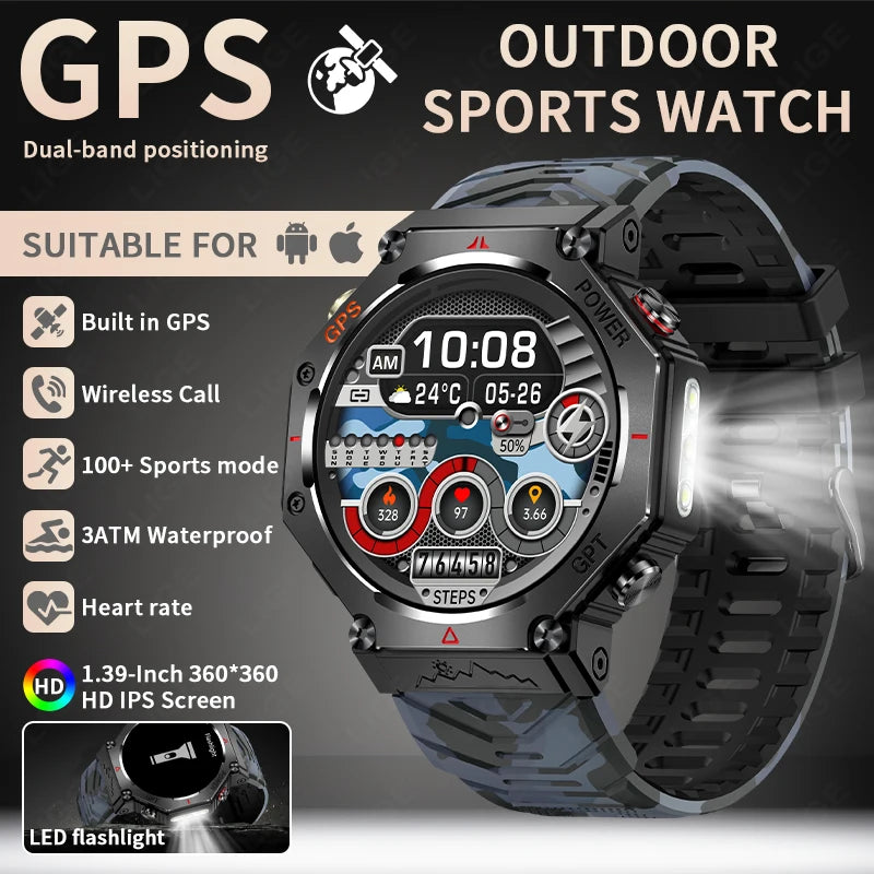 New GPS Positioning Smart Watch Men GPT AI Voice Assistant Bluetooth Call 3ATM Waterproof Compass Outdoor Sports Smartwatch 2025
