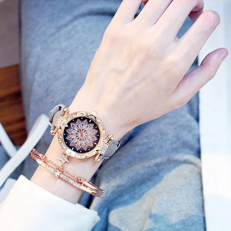Fashion Flowers Diamond Women Watch + Bracelet Set Luxury Brand Quartz Watches Reloj Mujer Casual Leather Wristwatch Ladyes Gift