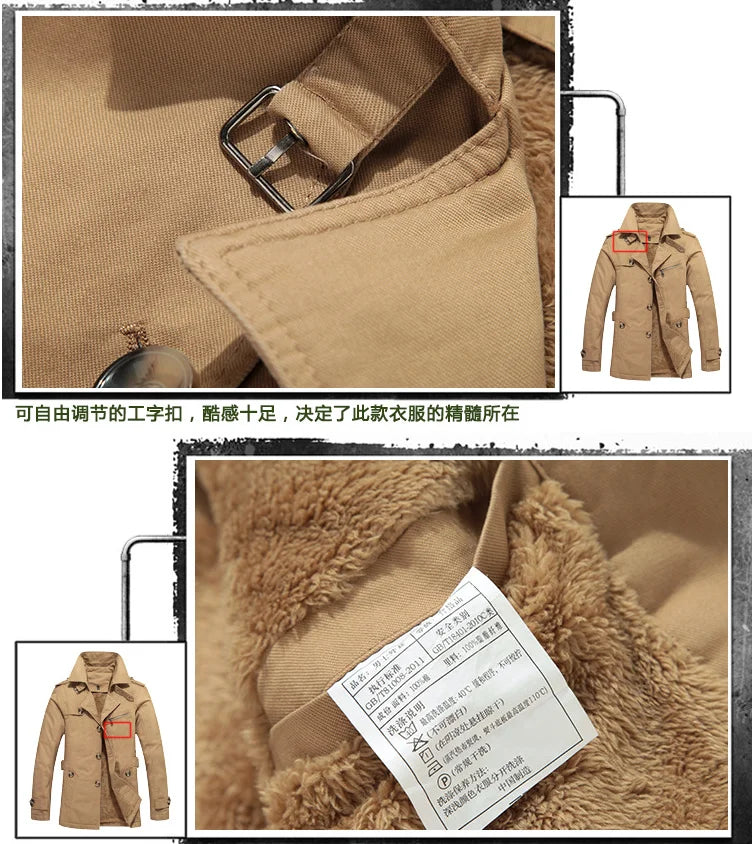 Men's Long-Sleeve Fleece-Lined Jacket, New Winter Style Collared Warm Coat, Available in Black, Blue, Khaki, and Army Green.